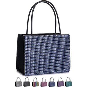 Blue Women's Evening Sparkly Rhinestone Leather Tote Purse Zipper Closure